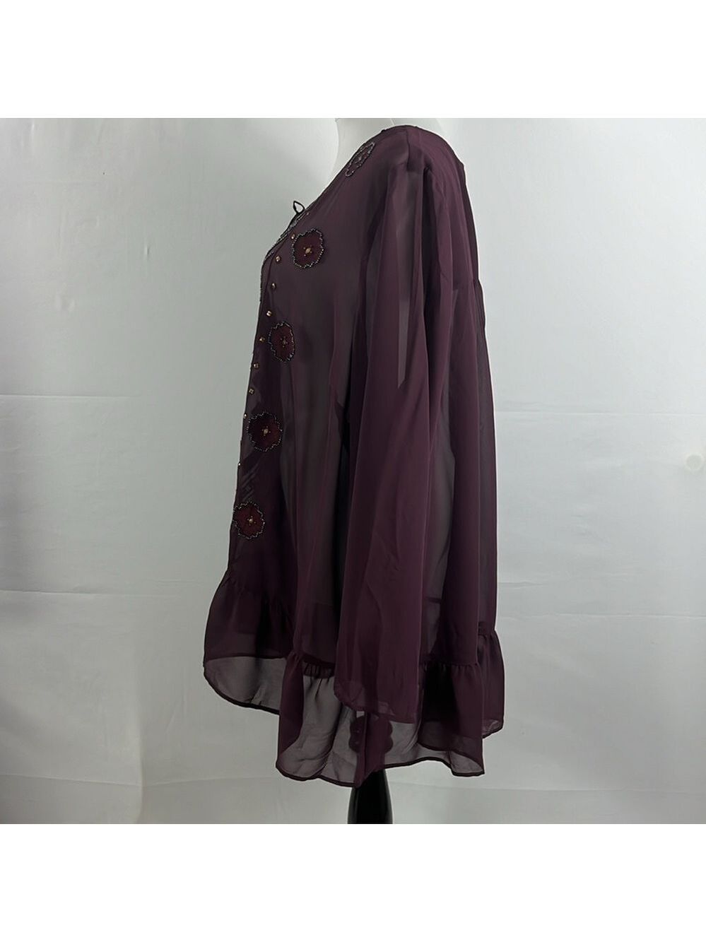 LOGO Lavish by Lori Goldstein Burgundy Sheer Peplum Top Beading Sequins 28W NWOT - Picture 5 of 12